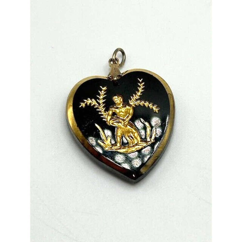 Gold Tone‎ Man With Water Barrel Black Enamel Painted Heart Pendant